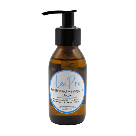 A 100ml  brown glass pump bottle with LeoPro Pre-blended Massage oil for detoxifying with white and blue LeoPro labelling