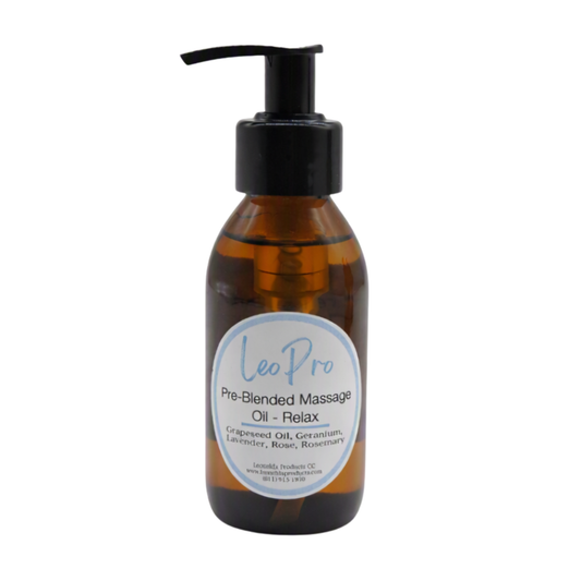 A 100ml brown glass pump bottle with LeoPro Pre-blended Massage oil for relaxing with white and blue LeoPro labelling