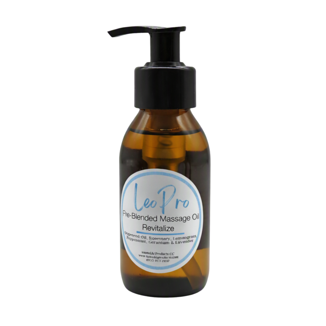 A 100ml brown glass pump bottle with LeoPro Pre-blended Massage oil for revitalizing spa massage with white and blue LeoPro labelling