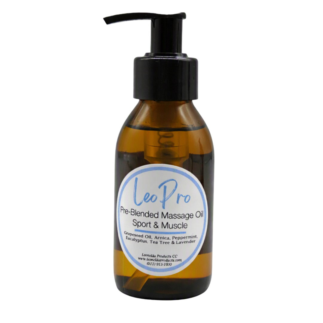 A 500ml brown glass pump bottle with LeoPro Pre-blended Massage oil for sport and muscle spa massage with white and blue LeoPro labelling