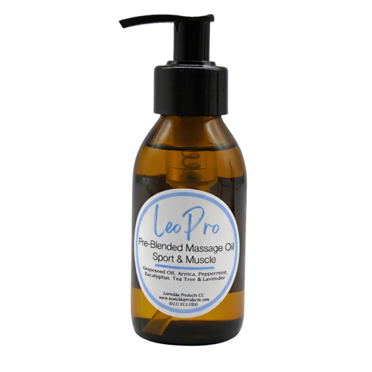 A 500ml brown glass pump bottle with LeoPro Pre-blended Massage oil for sport and muscle spa massage with white and blue LeoPro labelling