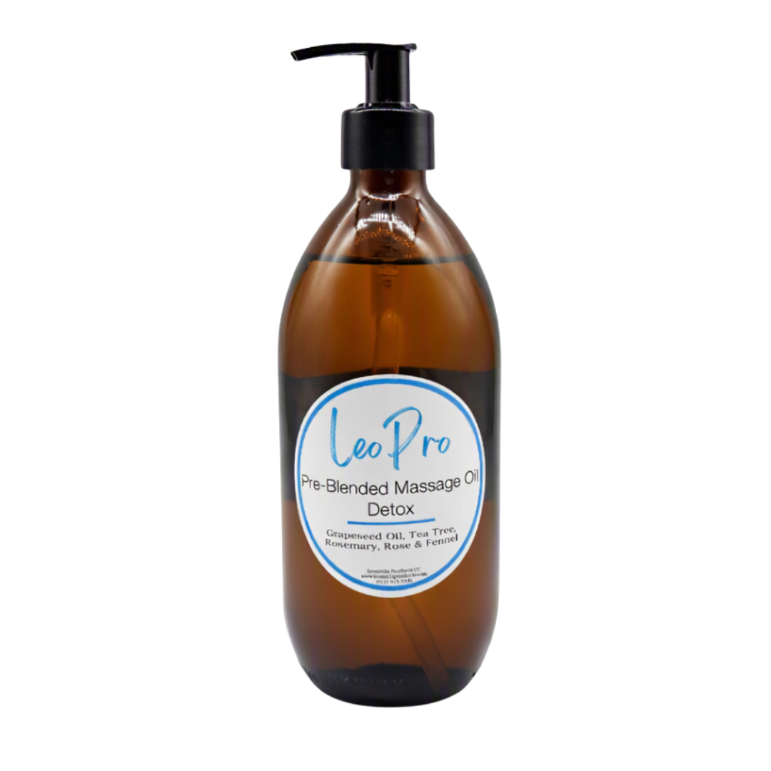A 500ml brown glass pump bottle with LeoPro Pre-blended Massage oil for detoxifying with white and blue LeoPro labelling