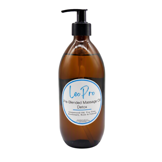 A 500ml brown glass pump bottle with LeoPro Pre-blended Massage oil for detoxifying with white and blue LeoPro labelling