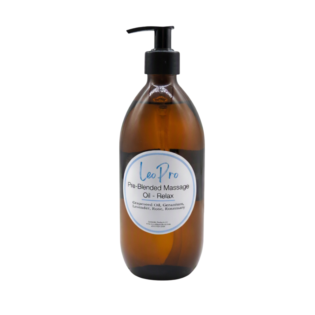 A 500ml brown glass pump bottle with LeoPro Pre-blended Massage oil for relaxing with white and blue LeoPro labelling