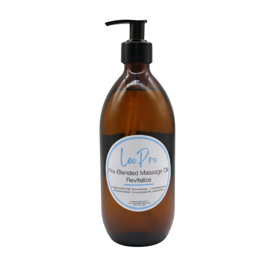 A 500ml brown glass pump bottle with LeoPro Pre-blended Massage oil for revitalizing spa massage with white and blue LeoPro labelling