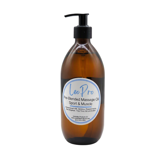 A brown glass pump bottle with LeoPro Pre0blended Massage oil for Sport and Massage with white and blue LeoPro labelling