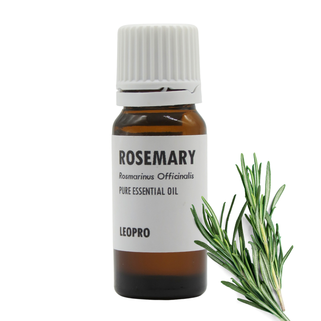 A small amber glass bottle of LEOPRO Rosemary pure essential oil with a white cap and white label, shown next to a fresh rosemary sprig on a white background.