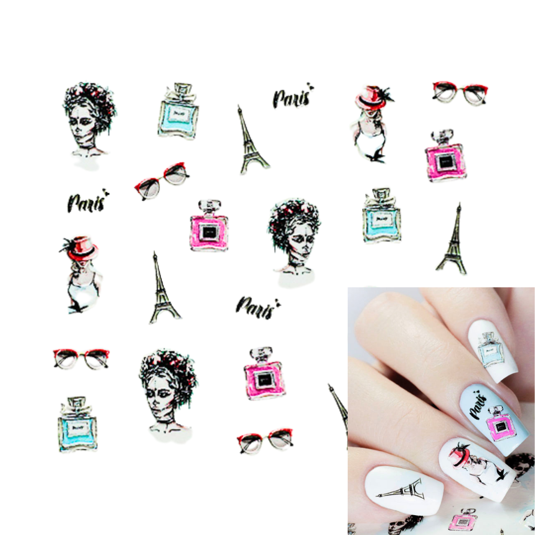 Nail art sticker sheet featuring Paris-themed designs including Eiffel Towers, perfume bottles, sunglasses, and illustrated portraits with the word 'Paris' on a white background, with a small inset showing the stickers applied to fingernails.