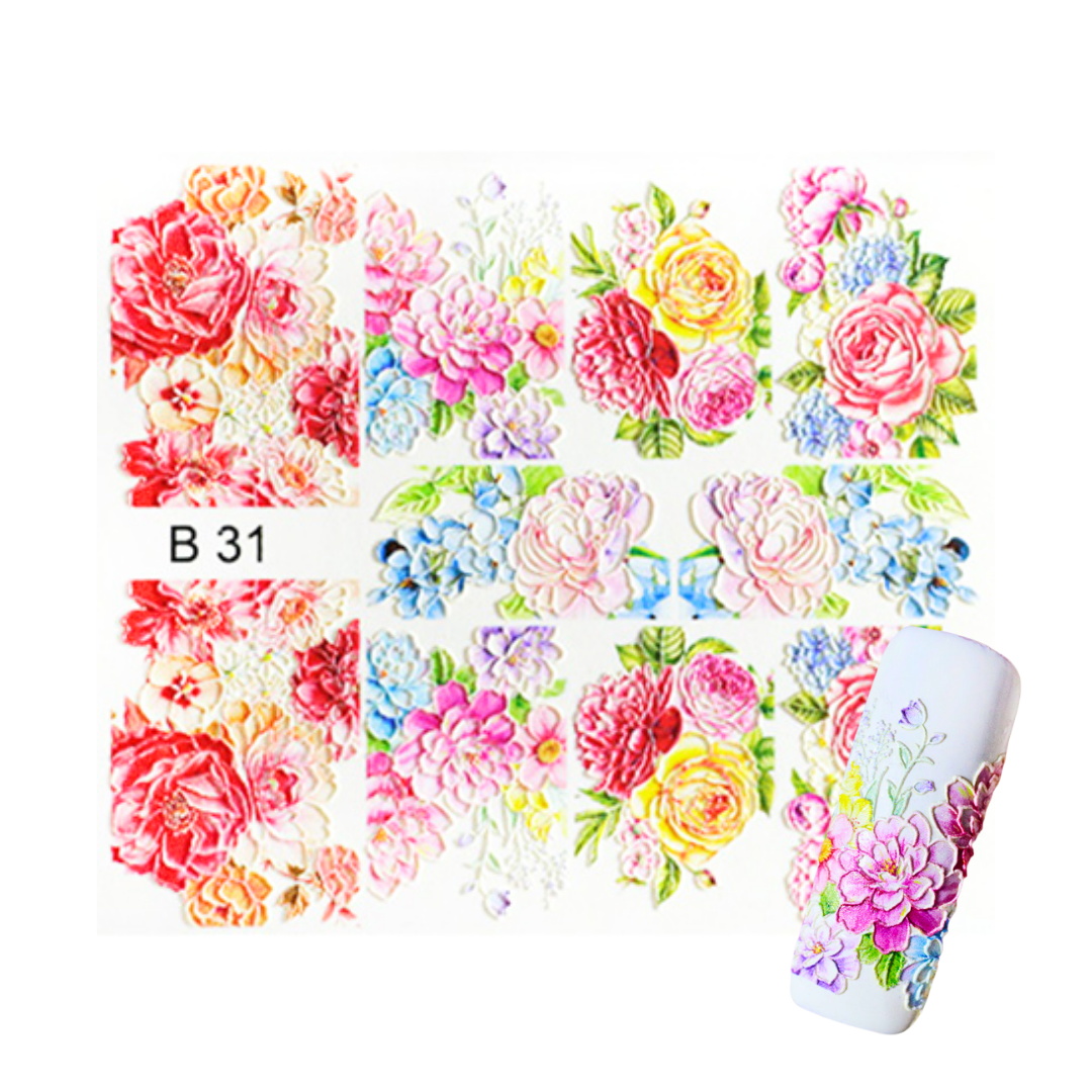 Water transfer nail sticker sheet with floral designs, featuring pink, red, yellow, and blue flowers with green leaves, shown alongside a sample nail tip decorated with the design.