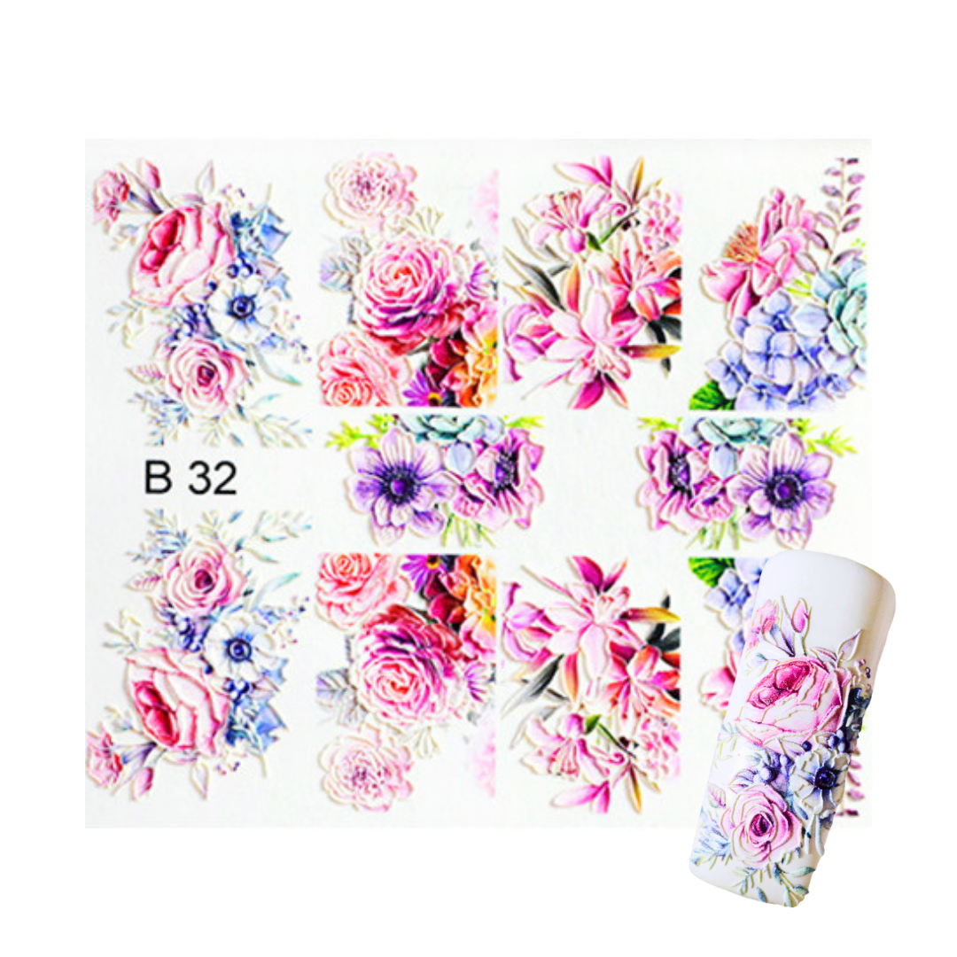 Floral nail art sticker sheet labeled B 32, featuring watercolor-style rose and flower designs in pink, purple, blue, and green on a white background, with a small sample of the sticker applied to a nail tip shown in the lower right corner.