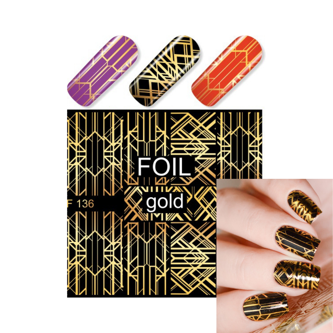 Nail foil art sheet with Art Deco gold geometric patterns, shown with three sample nail tips in purple, black, and red, and a hand displaying the black-and-gold patterned nail design.