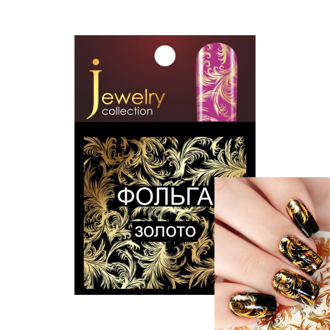 Jewelry collection gold foil nail art packaging with a black and gold ornate pattern, alongside a close-up of manicured nails decorated with the same gold-on-black foil design.