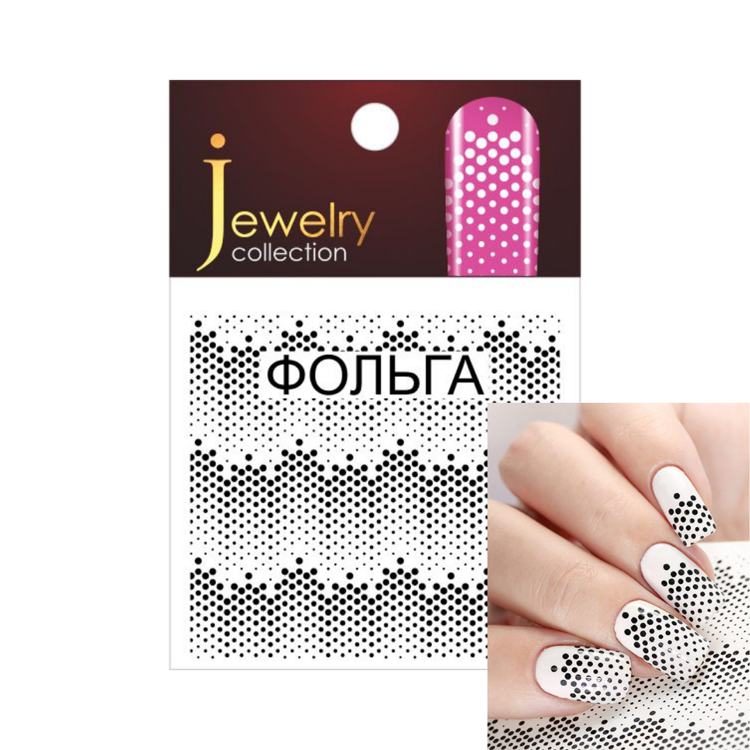 Nail foil art sheet from Jewelry Collection with a black halftone dot pattern, shown on its card packaging with a hand demonstrating the white-and-black nail design.