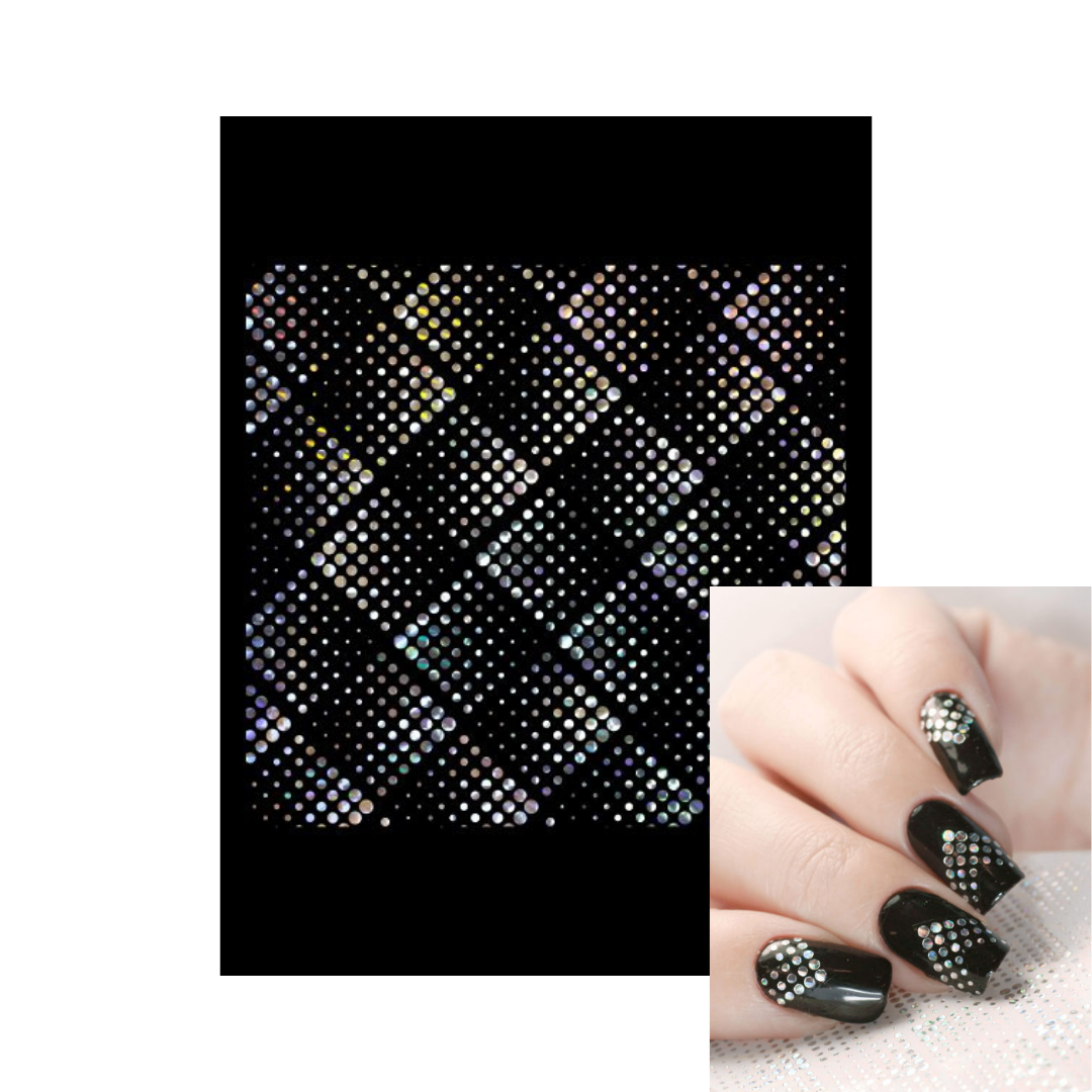 A sheet of black nail art stickers with a silver holographic dot pattern, shown alongside a hand displaying the same design applied to fingernails.