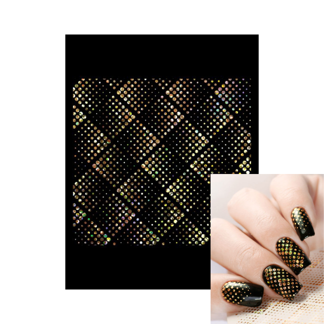 A sheet of nail art sheet featuring a black background with a gold metallic halftone dot pattern, shown alongside a hand displaying the pattern applied to fingernails.