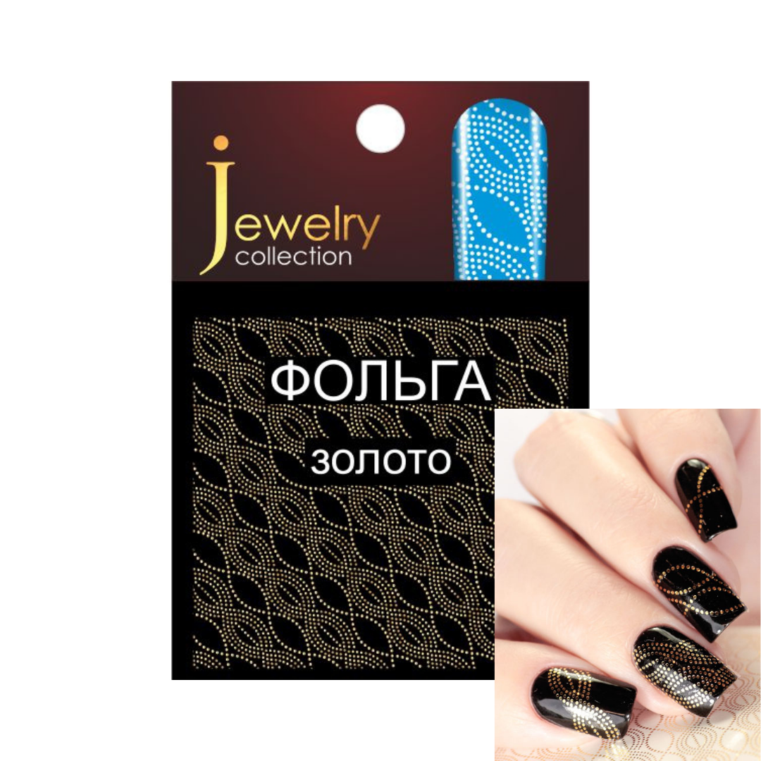 Jewelry collection gold foil nail art sheet with a black and gold pattern, shown next to a hand displaying the black and gold glittery nail design.