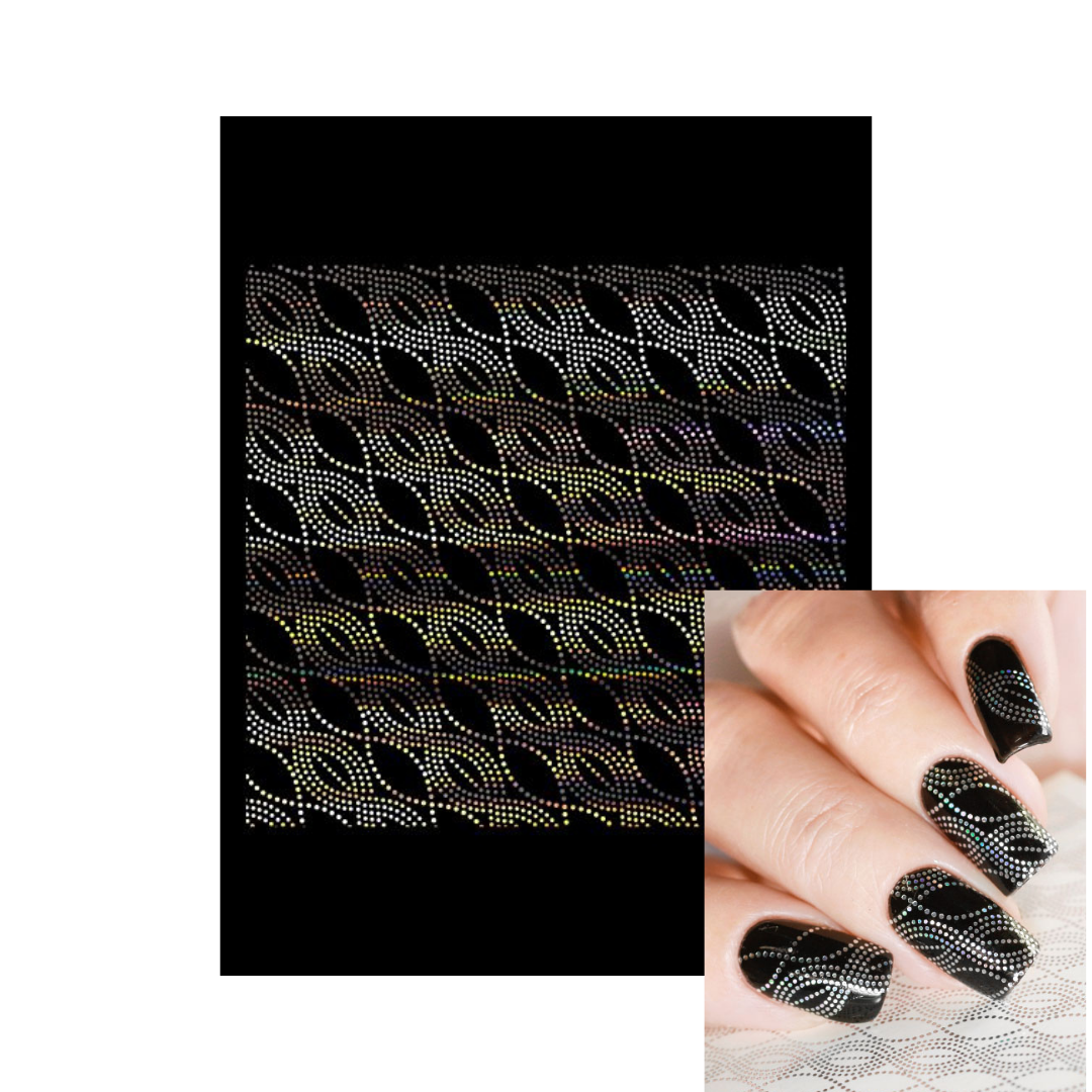 A nail art pattern sheet with an iridescent, holographic leaf and wave design, shown alongside a close-up of a hand with nails painted in the same pattern.