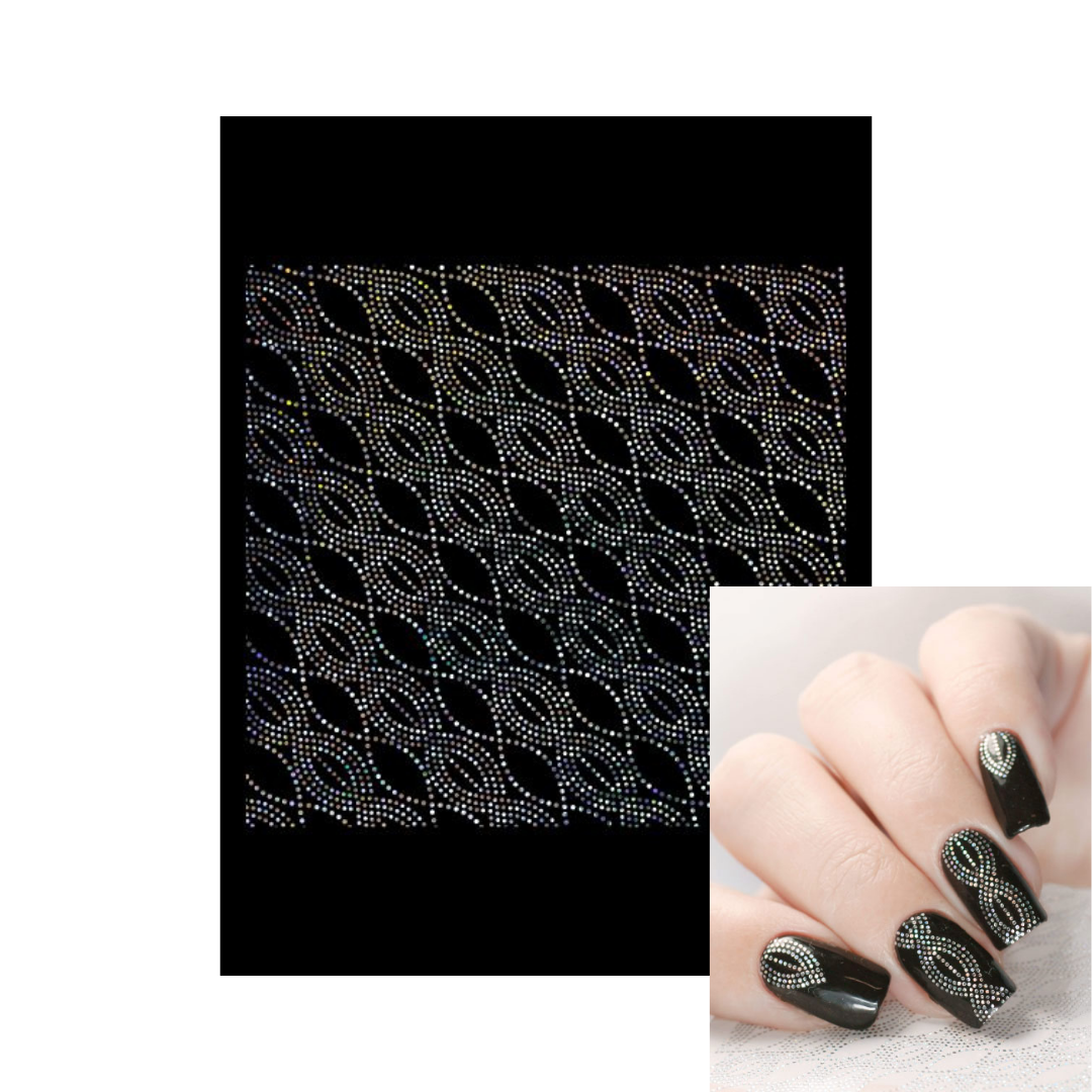 A black nail art sheet with a repeating silver rhinestone leaf pattern, shown alongside a hand displaying the matching black-and-silver nail design.