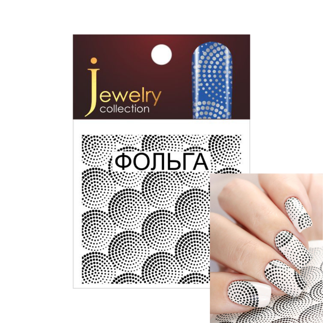 Jewelry collection nail foil sheet with a black and white halftone dot pattern, shown with its retail packaging and a hand demonstrating the applied design on fingernails.