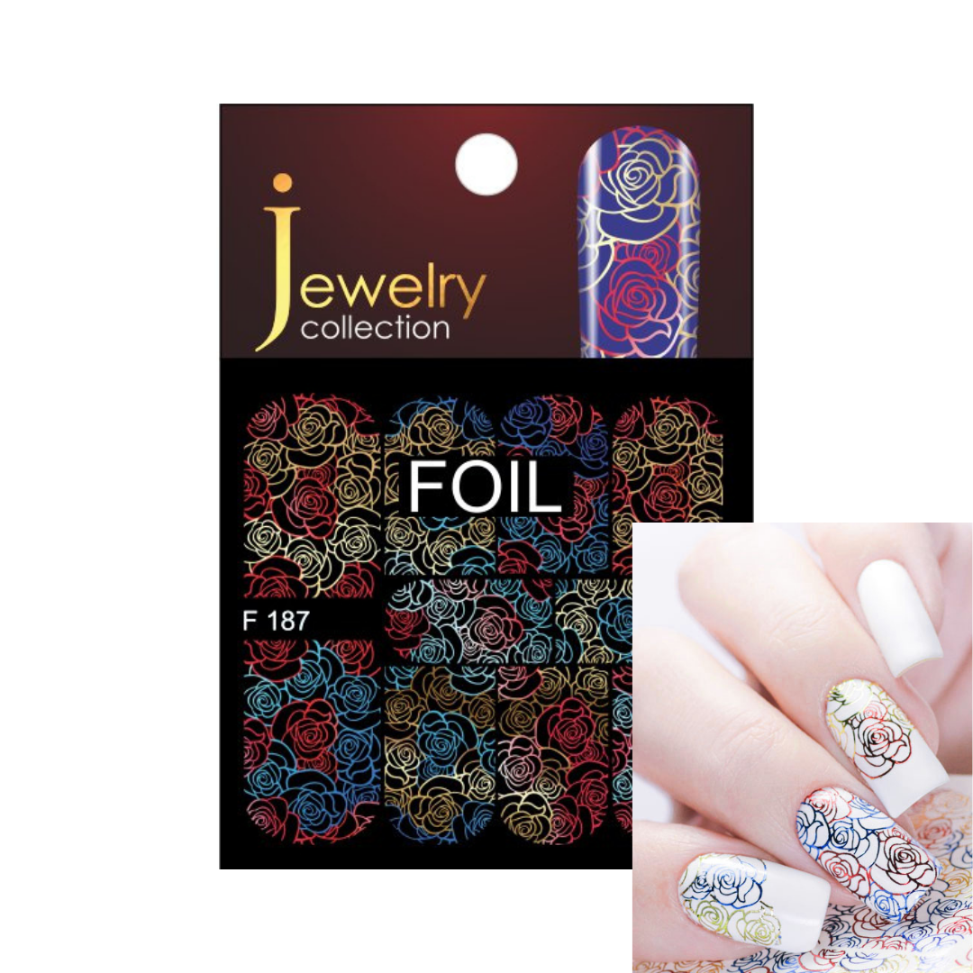 Jewelry collection F187 rose foil nail stamping plate set in black packaging, shown with a close-up of the multicolor rose pattern and a hand sample displaying the applied nail design.