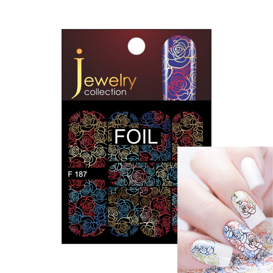 Jewelry collection F187 rose foil nail stamping plate set in black packaging, shown with a close-up of the multicolor rose pattern and a hand sample displaying the applied nail design.
