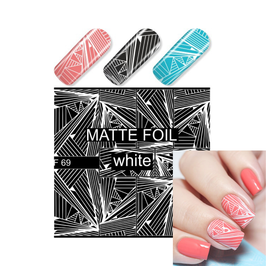 Nail art water slider sheet with geometric white line art on a black background, shown alongside three sample nail tips in coral pink, black-and-white, and turquoise, plus a hand displaying the coral pink patterned nails.