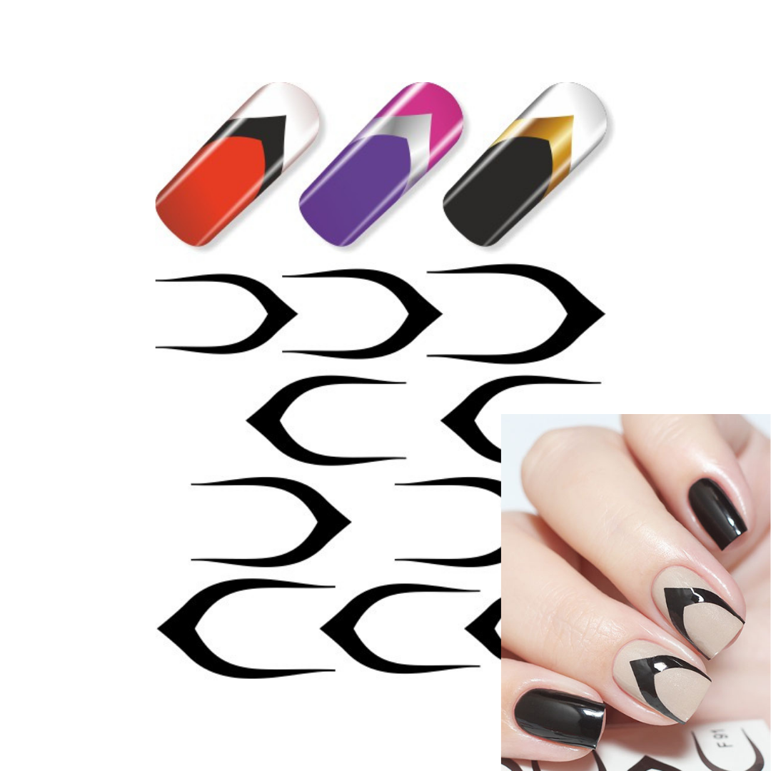 Nail art water slider sheet shown with three example painted nail tips in red, purple, and black-and-gold, plus multiple black curved arrow-shaped sticker designs and a small inset of a hand wearing the applied design.