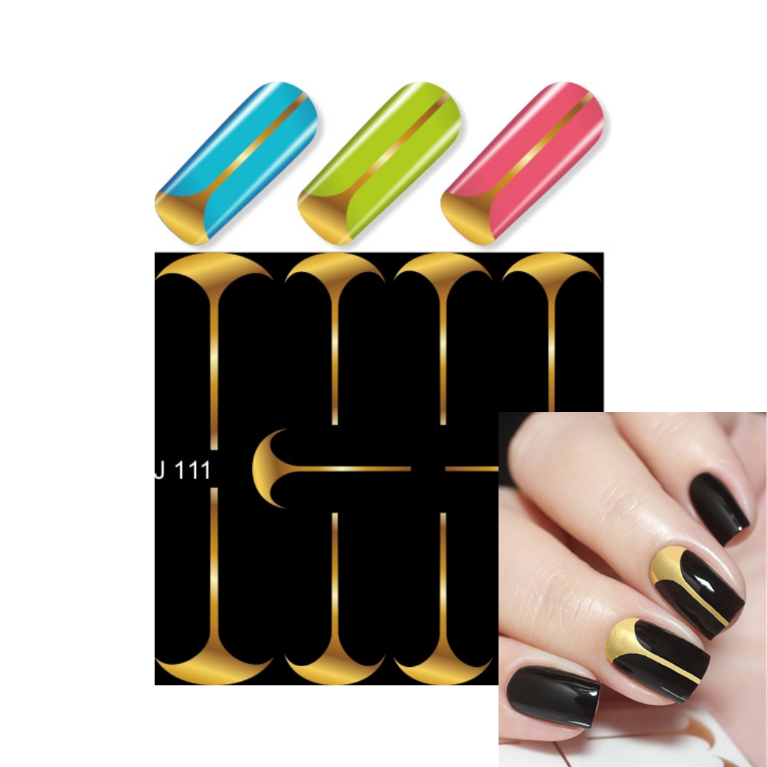 Nail art water slider sheet with gold metallic letter 'H' design, shown with three sample nail tips in blue, green, and pink, and a hand photo demonstrating the black and gold manicure result.