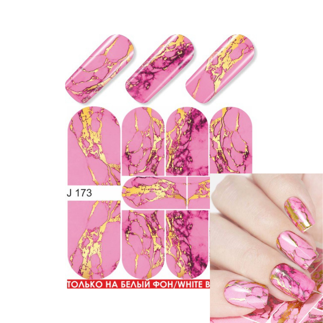 Pink marble nail art sheet with gold foil veins, shown both as flat sheet designs and applied to fingernails. The sheet includes the text 'J 173' and a red notice at the bottom.