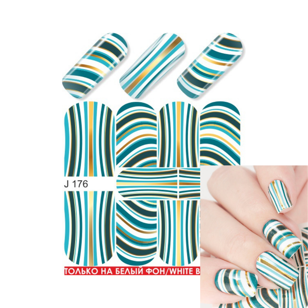 Nail wrap sticker sheet with geometric striped patterns in teal, gold, black, and white, shown with a sample of the nails decorated on a hand.