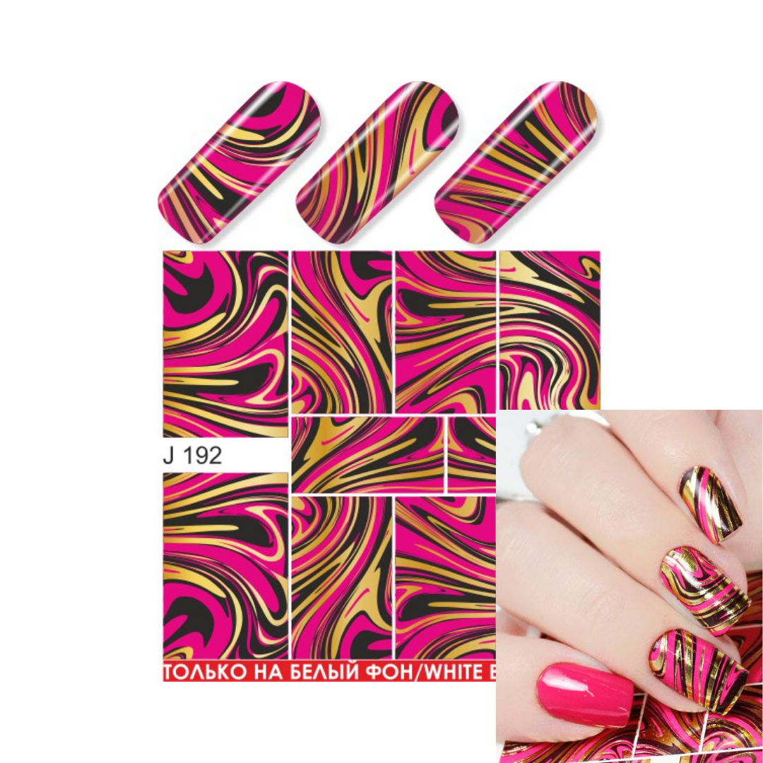 Nail wrap sheet pattern sample with three nail tip examples and a hand showing the applied design. The wrap features a bold abstract swirl pattern in hot pink, black, and metallic gold, with text 'J 192' and 'ТОЛЬКО НА БЕЛЫМ ФОН / WHITE ONLY'.