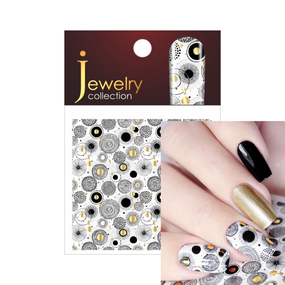 Jewelry collection nail art sticker sheet with a black, white, and gold abstract pattern, shown with its packaging and a hand demonstrating the applied design.