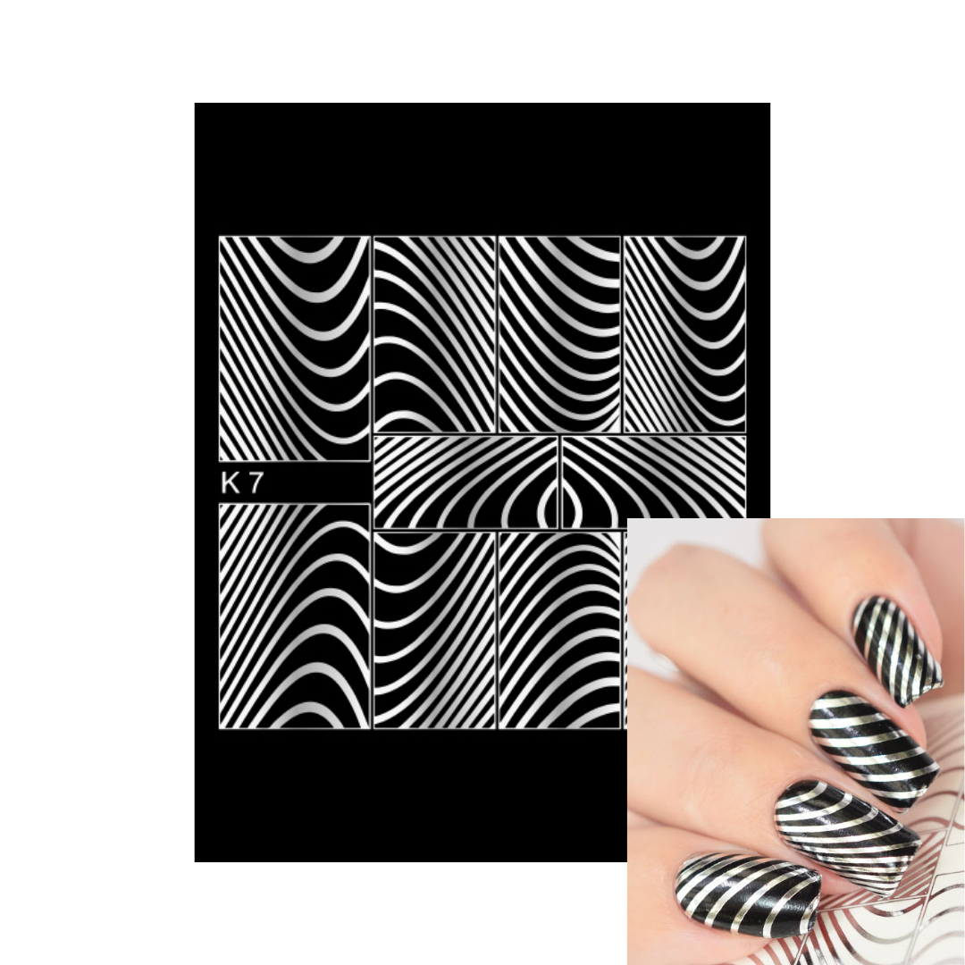 Black and white wavy optical illusion nail art foil sheet with a sample of striped nails on a hand in the bottom right corner.