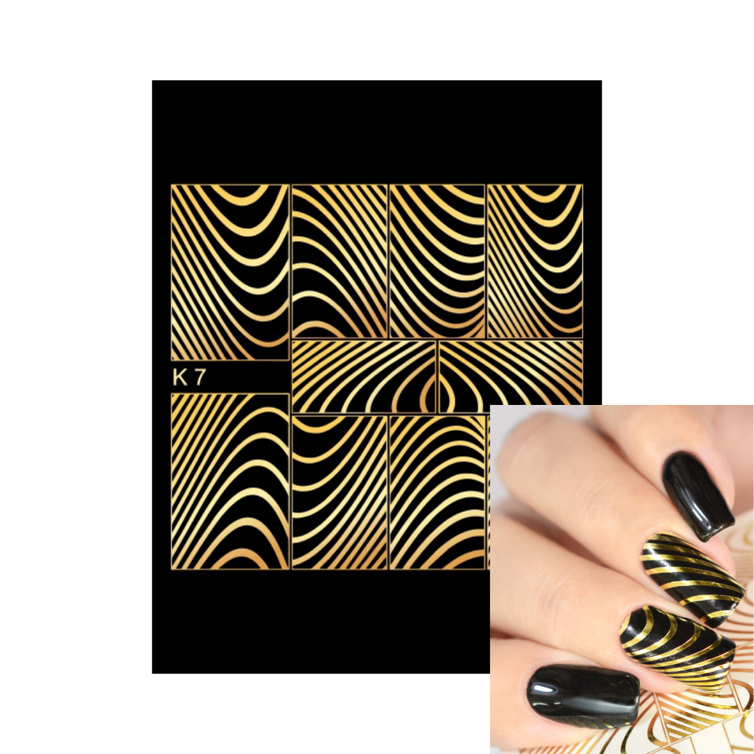 Gold and black wavy line nail foil sheet with a sample of manicured nails demonstrating the design, labeled K7.