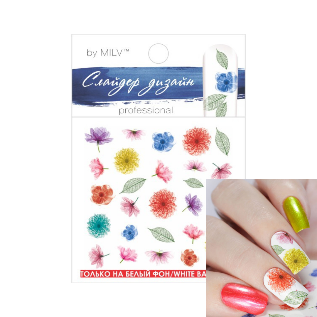 Nail art sticker sheet by MILV featuring colorful watercolor flowers and green leaves on a white background, with a small inset showing floral nail designs applied to fingernails.