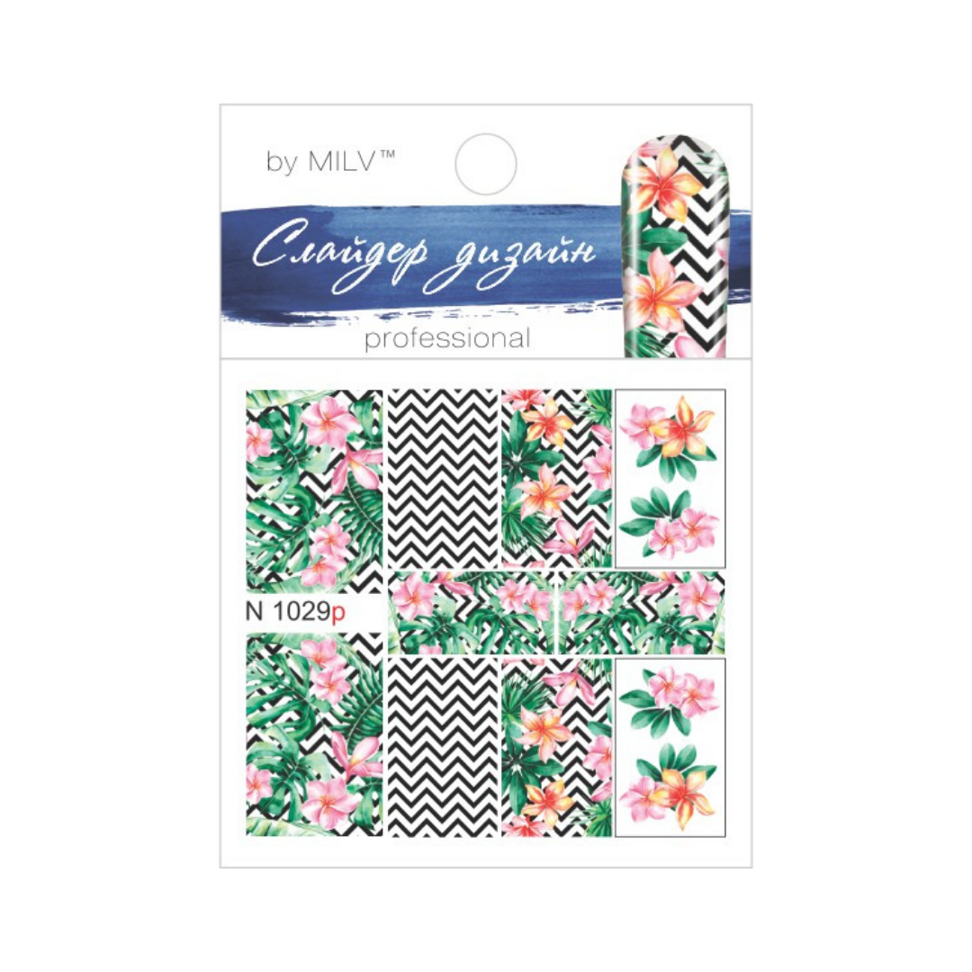 A sheet of nail wraps or decals from MILV Professional, featuring tropical floral designs alongside black and white chevron patterns. The packaging header is white with a blue brushstroke accent and Russian text.