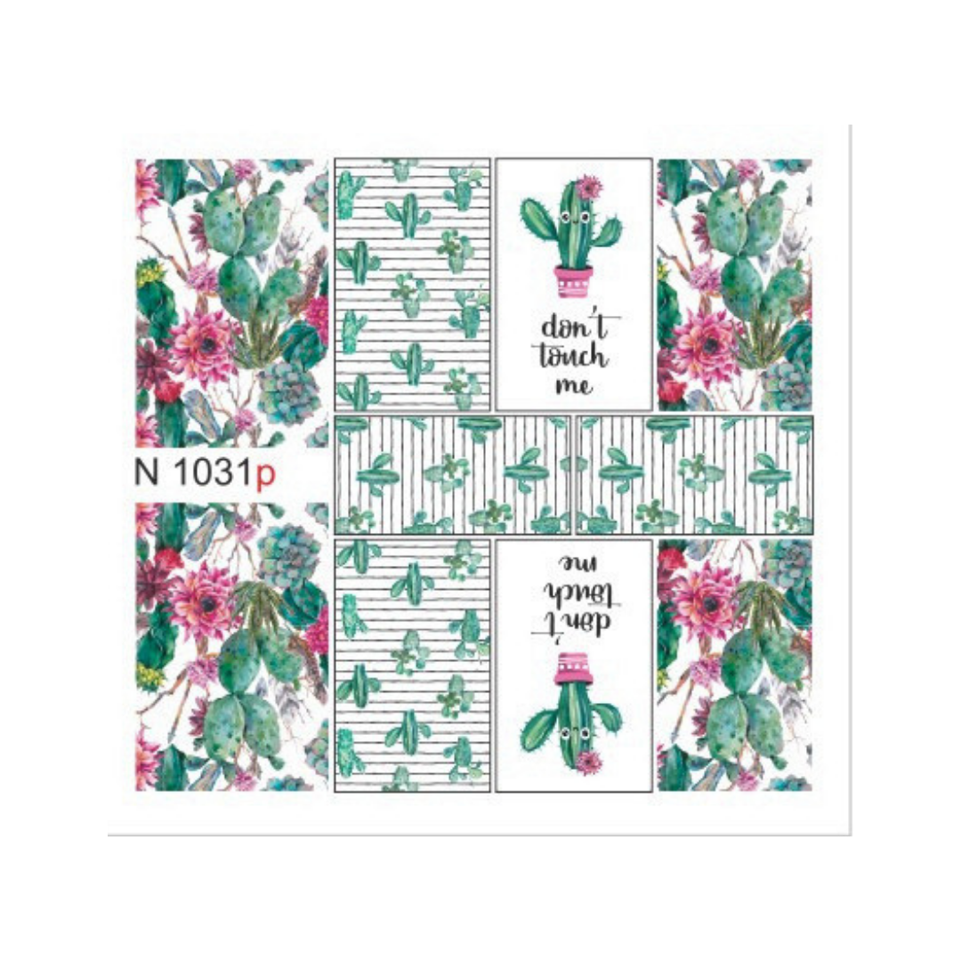 A sheet of decorative stickers or decals featuring watercolor-style cactus and floral designs, striped patterns, and the phrase 'don't touch me' in black script. The sheet includes the text 'N 1031p' on the left side.