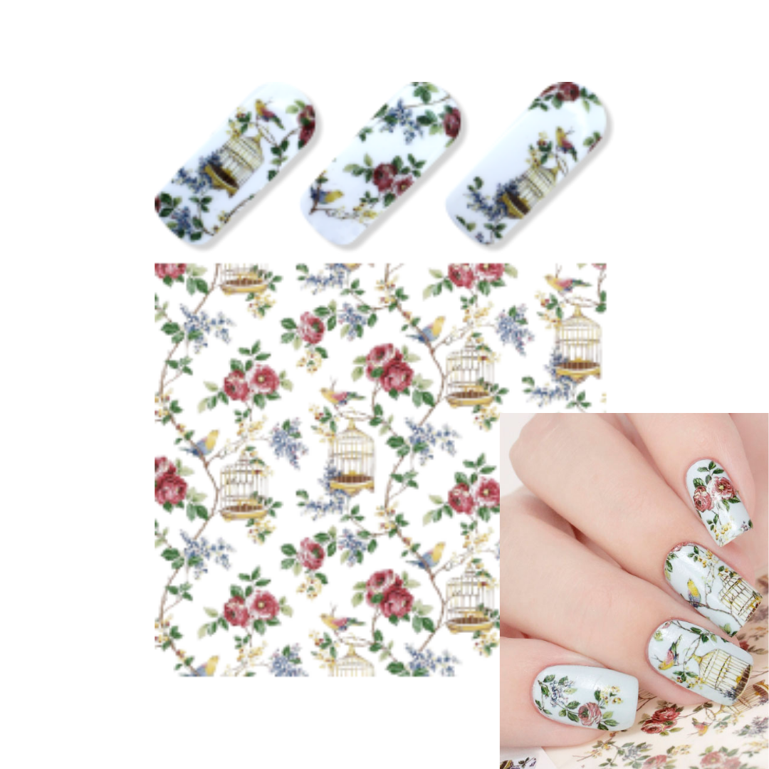 Nail art pattern sheet and nail tip examples featuring a delicate floral and birdcage design on a white background, with a hand inset showing the design applied to fingernails.
