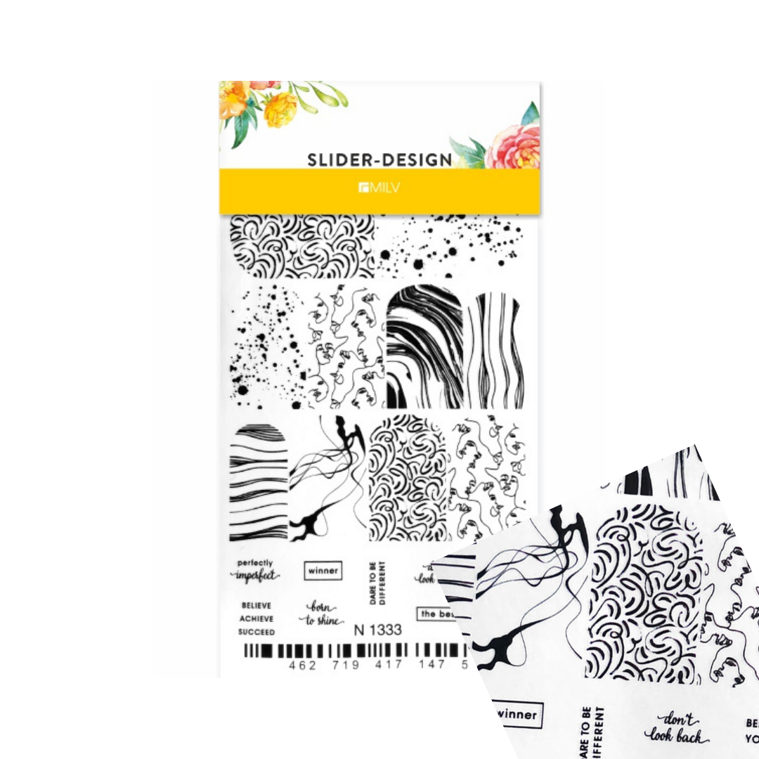 A sheet of clear stamp designs labeled 'SLIDER-DESIGN' with floral accents at the top and multiple black-and-white abstract line-art and text stamps shown on the sheet, alongside a few overlapping sample stamp impressions on a white background.