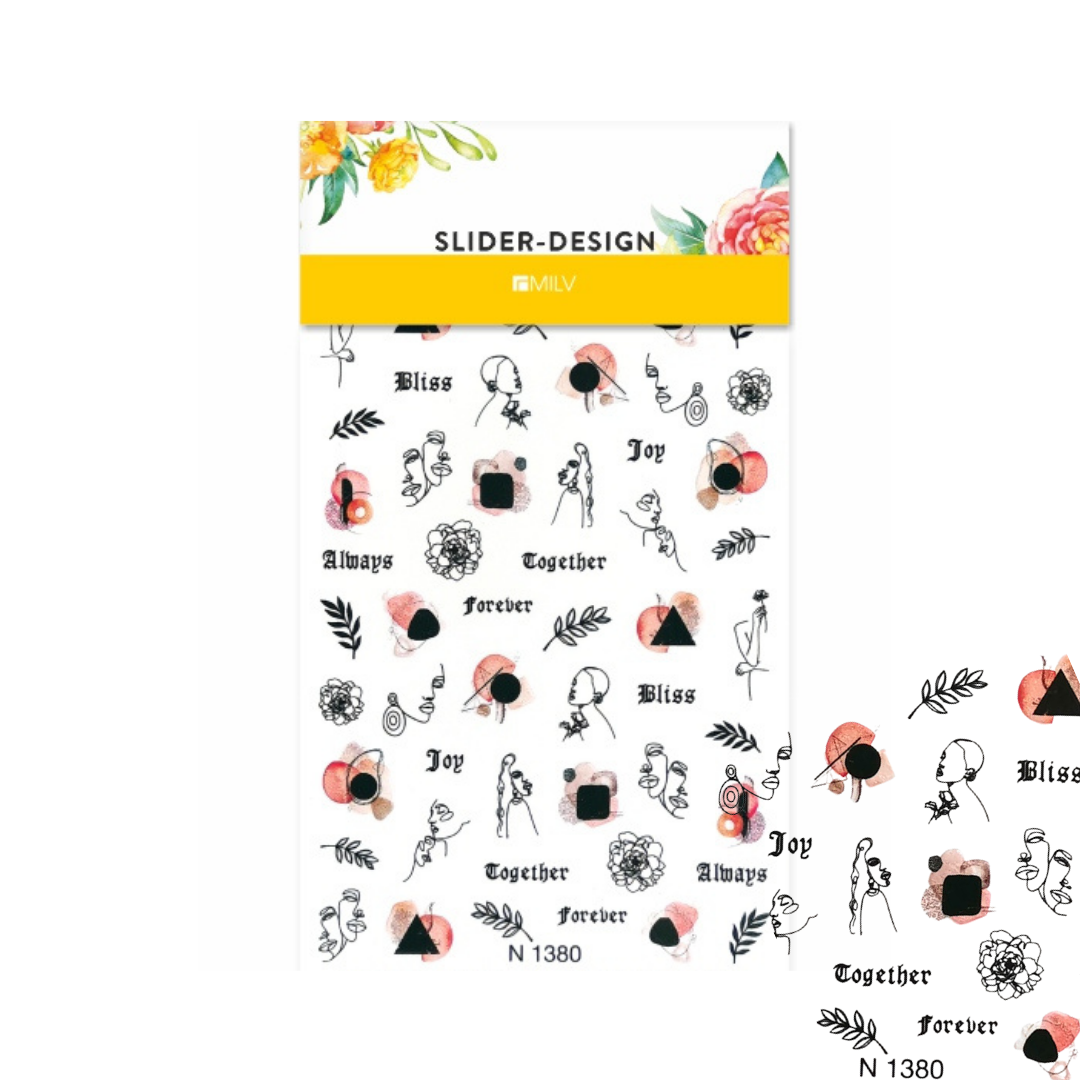 Nail art sticker sheet from SLIDER-DESIGN by NVL, featuring black and pink floral illustrations, text phrases like 'Bliss', 'Joy', 'Together', and 'Always', with a yellow header band.