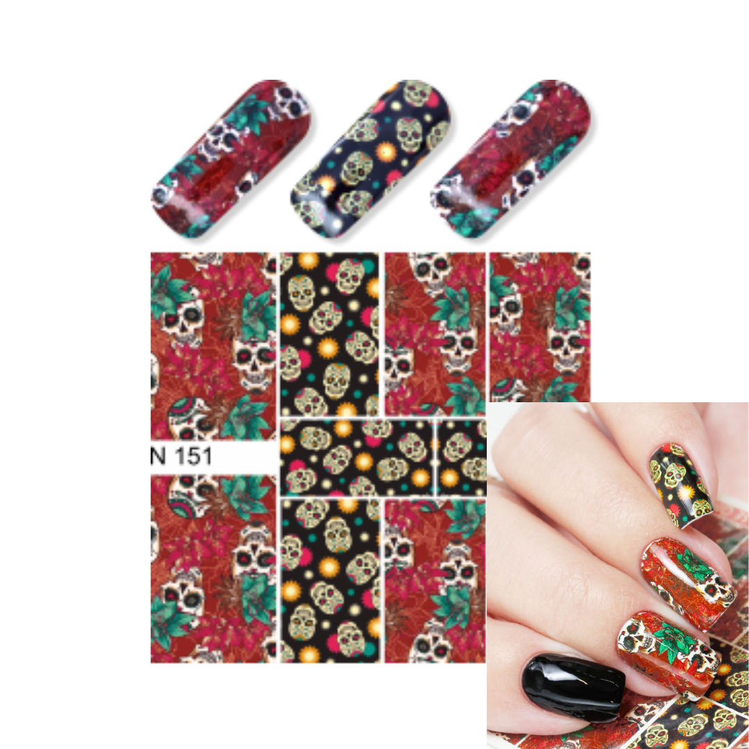 Nail art sticker sheet set with skull and floral patterns, shown with three sample nail wraps at the top and a hand demonstrating the decals on the nails.