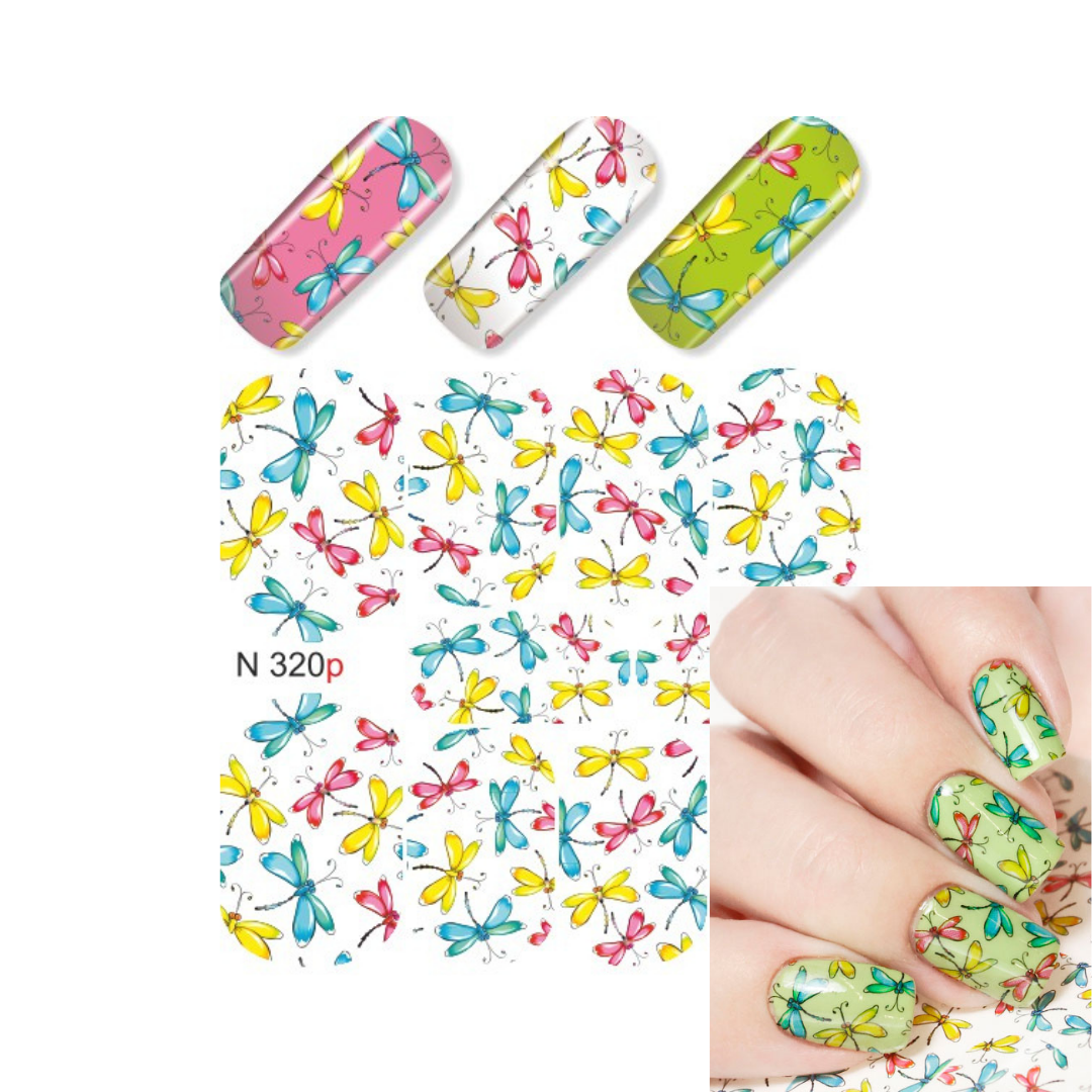 Nail art water slider sheet with a multicolor dragonfly pattern, shown alongside three nail sample tips and a hand displaying the matching nail art design.