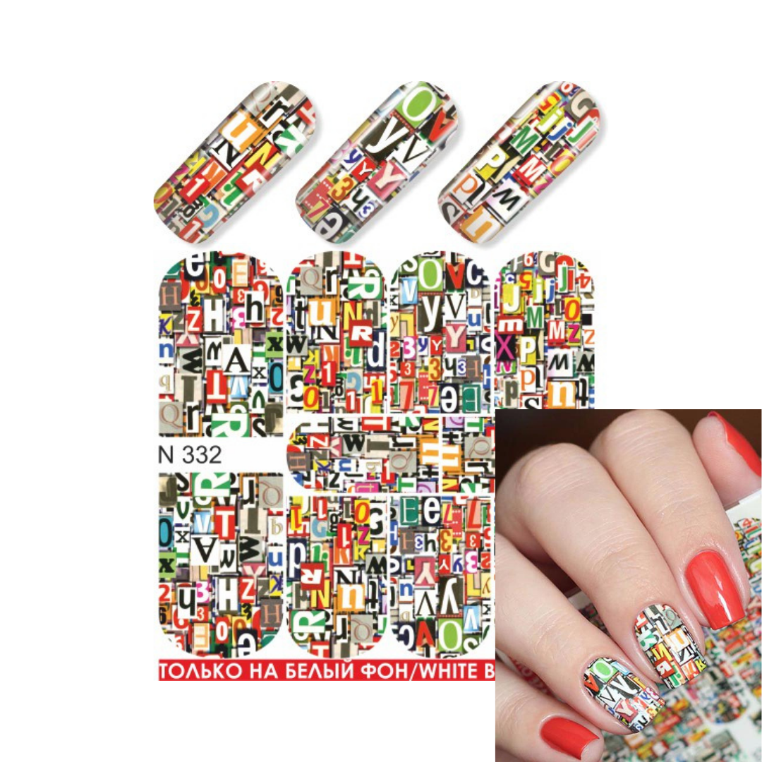 Nail art water slider sheet labeled N 332 with a collage of colorful letters and numbers, shown above a hand sample with matching multicolor nail art on a white background.