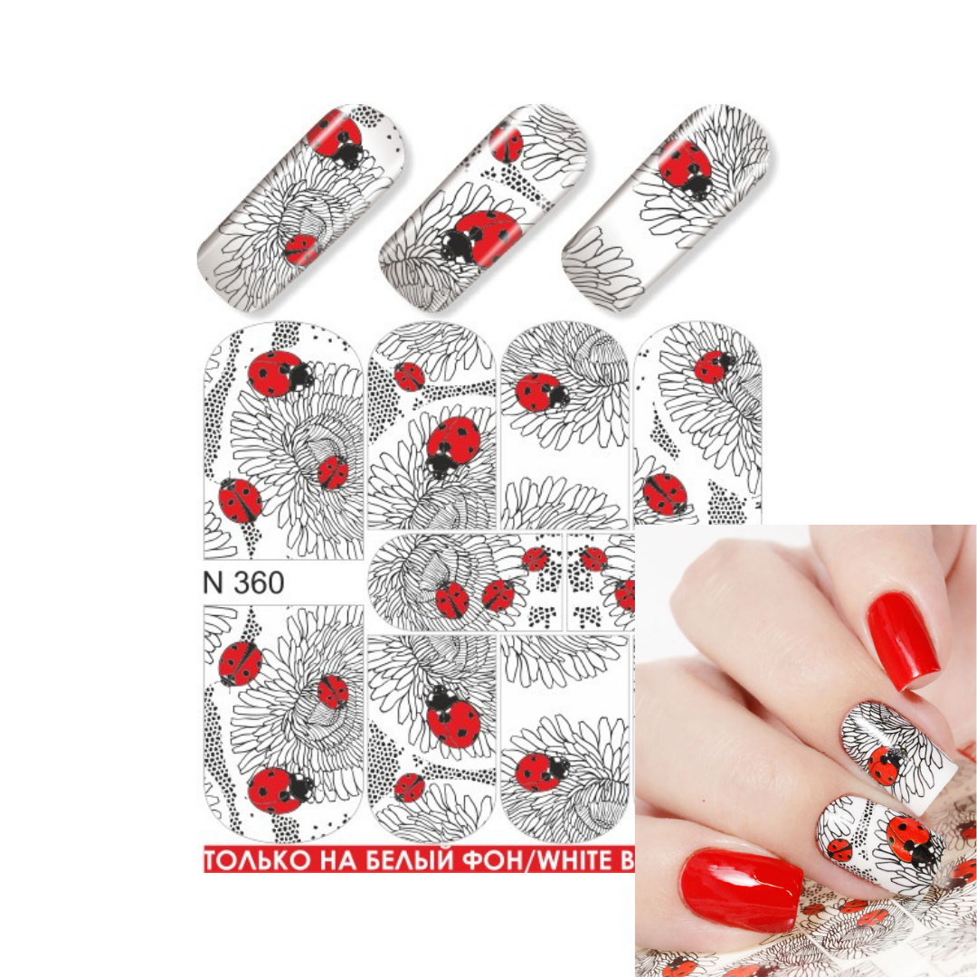Nail art sticker set featuring ladybugs and daisy floral designs, shown both as flat sheets and applied to fingernails on a white background with a small inset of painted nails.