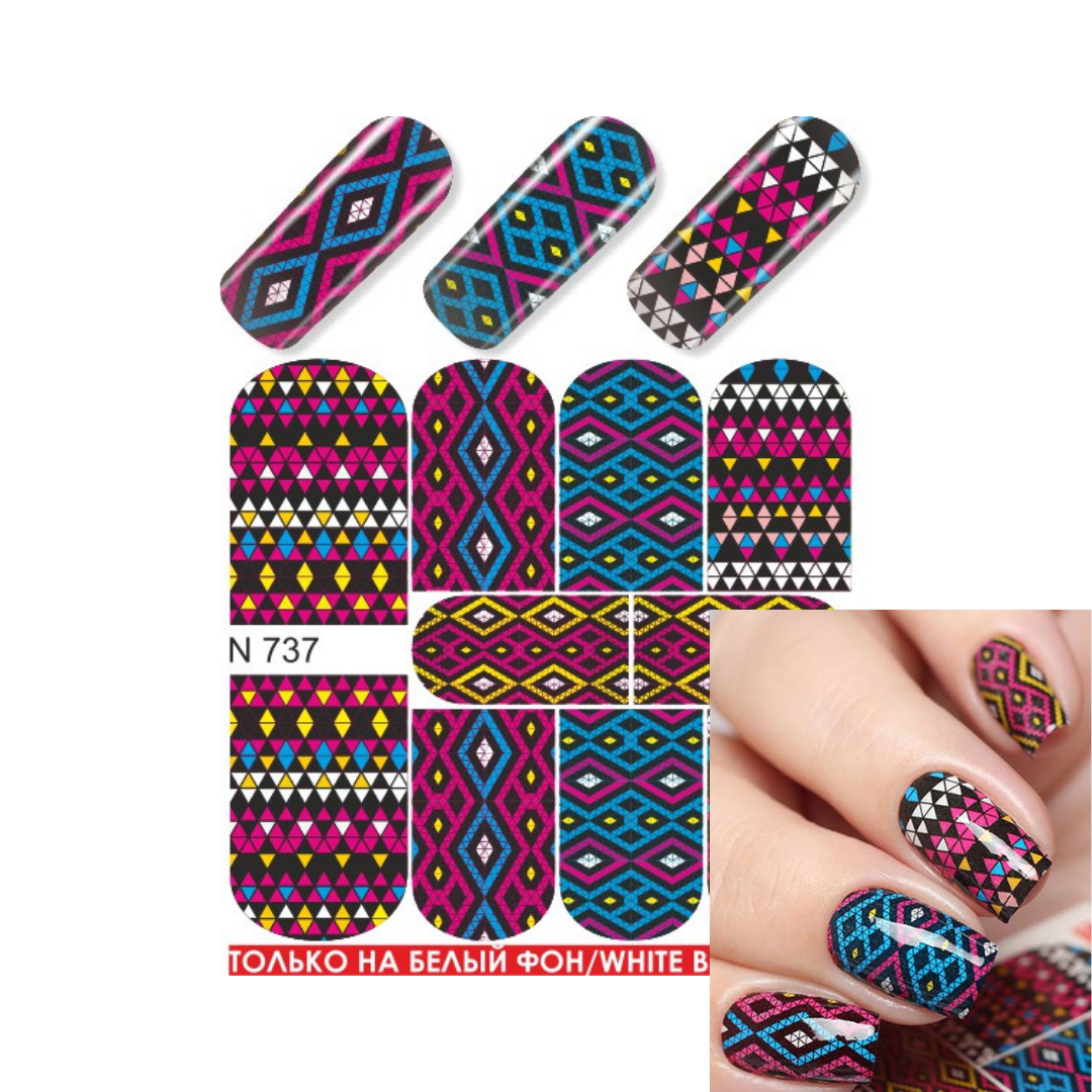 Multicolor geometric tribal Nail art water slider sheet with various diamond and triangle patterns, shown both as flat sheets and applied to fingernails on a white background.