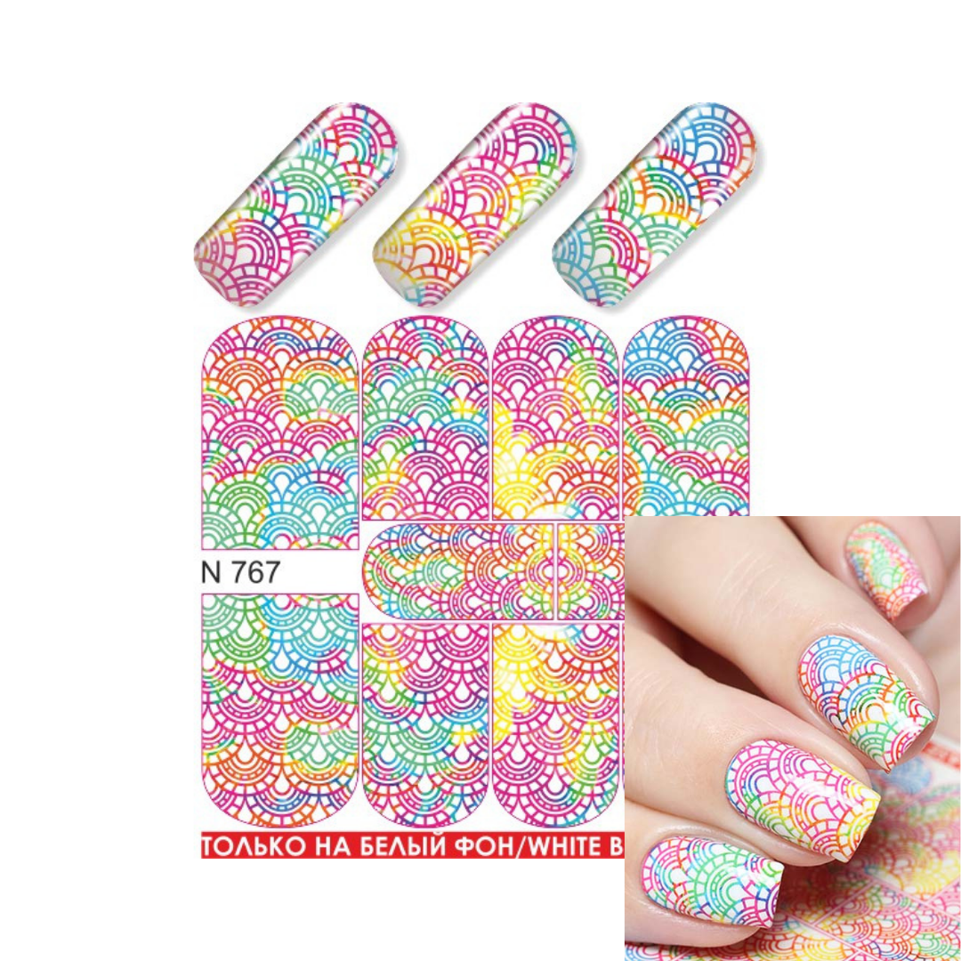 Nail art water slider sheet with holographic multicolor scallop patterns, shown with three sample nail tips, the plate layout, and a hand displaying the finished manicure. Text reads 'N 767' and 'ТОЛЬКО НА БЕЛЫЙ ФОН / WHITE B.