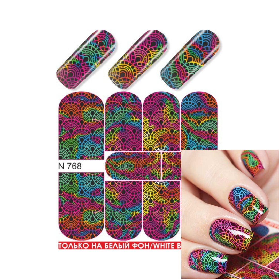 Multicolor nail wrap sheet set with a rainbow mandala pattern, shown both as flat sheets and applied to fingernails on a white background.