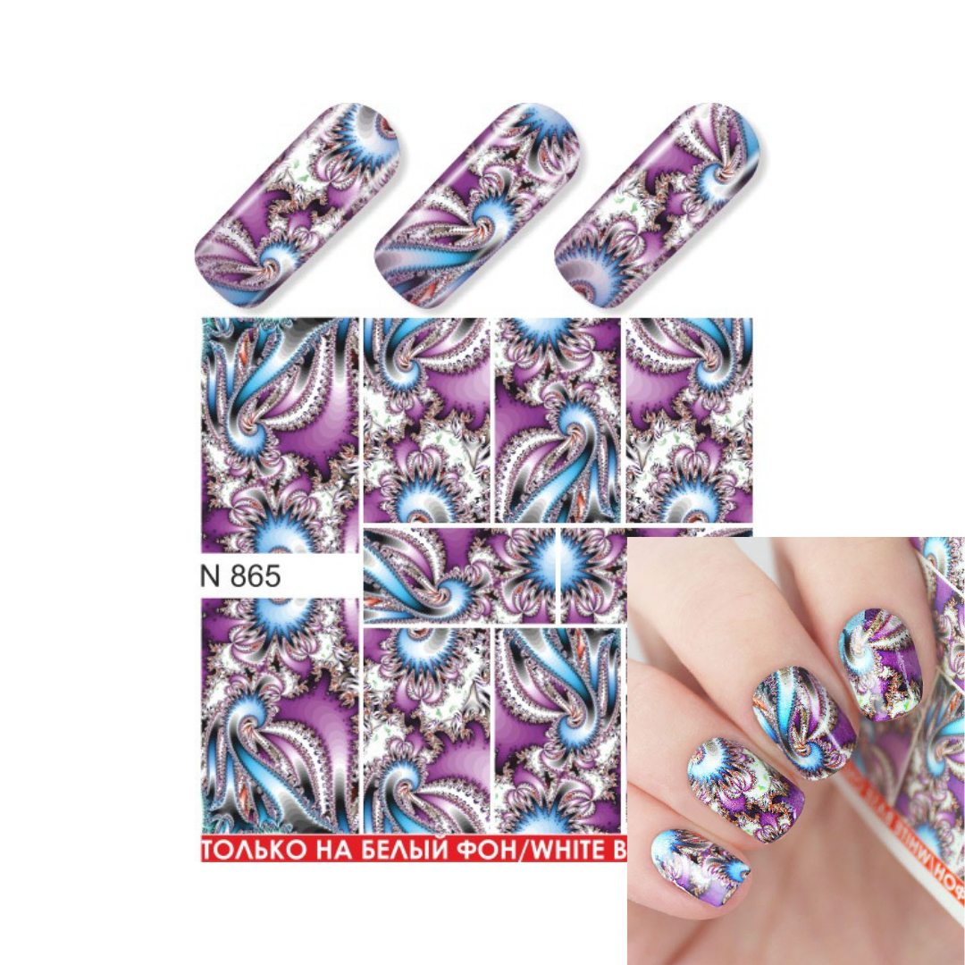 Nail wrap pattern sheet with three sample nail tips and a sheet of matching purple paisley designs, plus a small inset showing the pattern applied to fingernails.