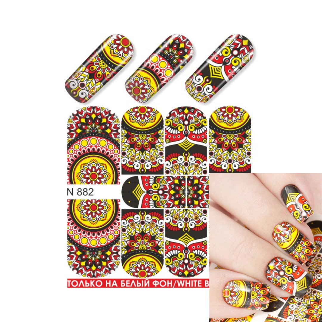 Nail art sticker sheet with multiple decorative nail pattern decals, shown above a hand wearing the same colorful pattern on fingernails. The sheet includes sample nail shapes and a red text strip reading 'ONLY ON WHITE BACKGROUND'.