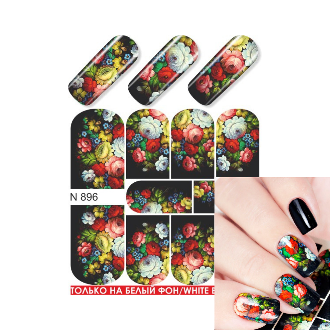 Nail art decal sheet with floral patterns, shown with sample nail tips, individual nail shape options, and a hand demonstrating the applied design. The decals feature multicolor flowers on a black background, labeled N 896.